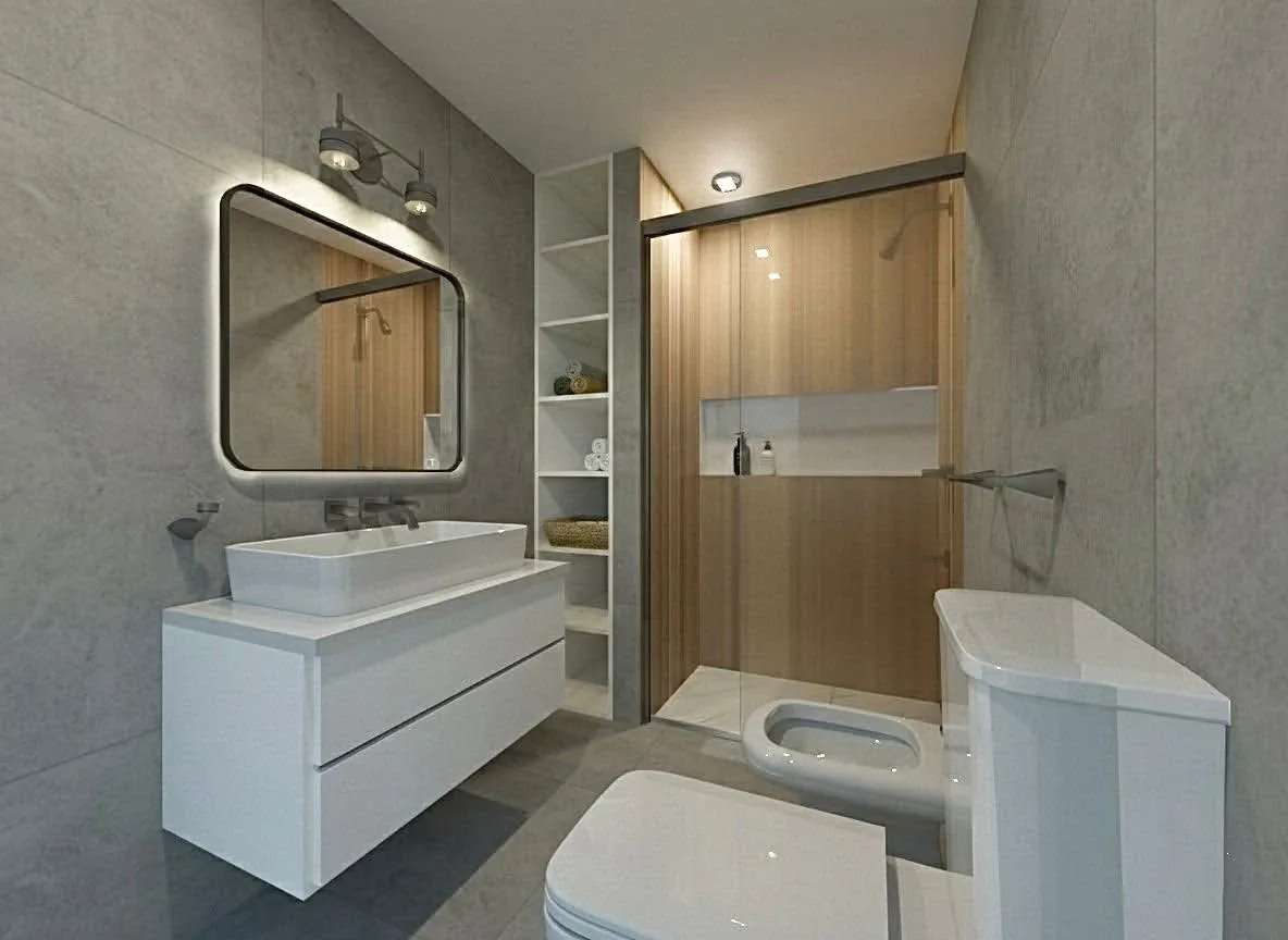 Baño con revestimientos grises y detalles de madera en la ducha